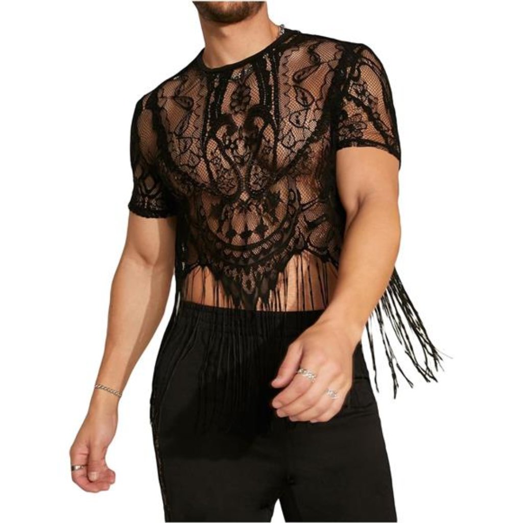 Men's Sheer Floral Lace Fringe Short Sleeve